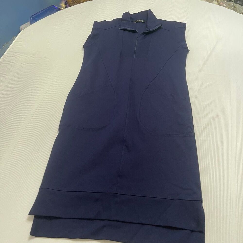 Brigitte Brianna Navy Blue Gia Dress Double Knit Ponte Stretch Mock Neck Medium